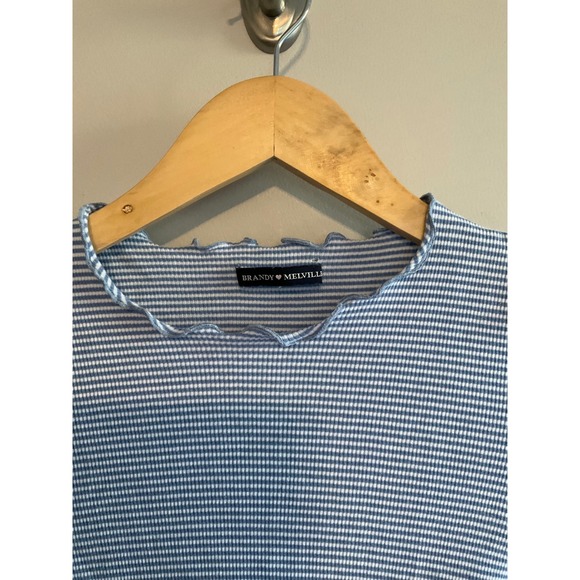Brandy Melville Striped Ringer Tee Lettuce Edge Crop Top Blue White - Picture 2 of 3